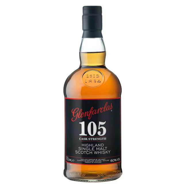 Glenfarclas 105 Cask Strength whisky bottle on a white background